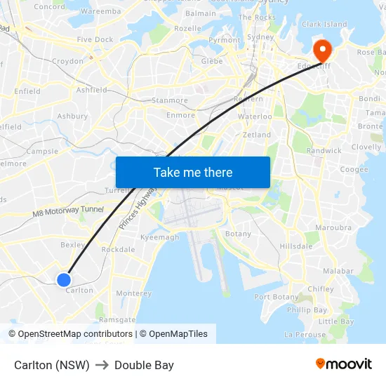 Carlton (NSW) to Double Bay map