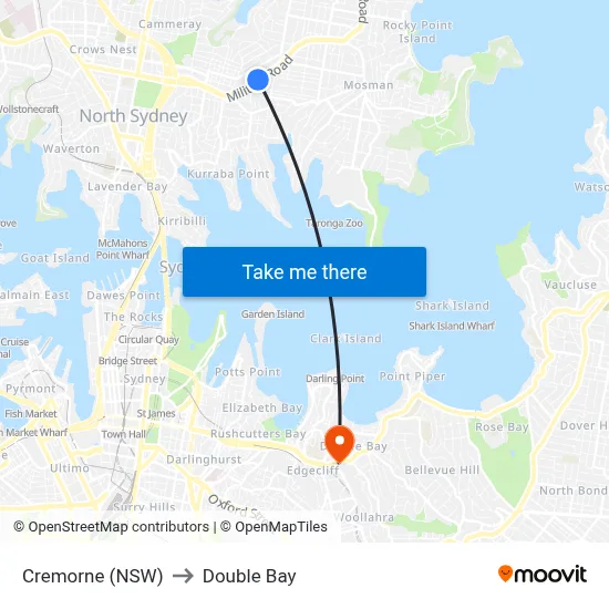 Cremorne (NSW) to Double Bay map