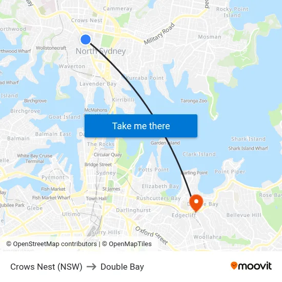 Crows Nest (NSW) to Double Bay map