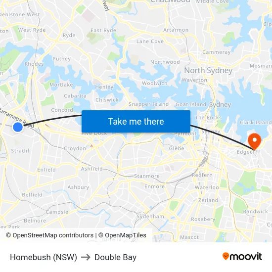 Homebush (NSW) to Double Bay map