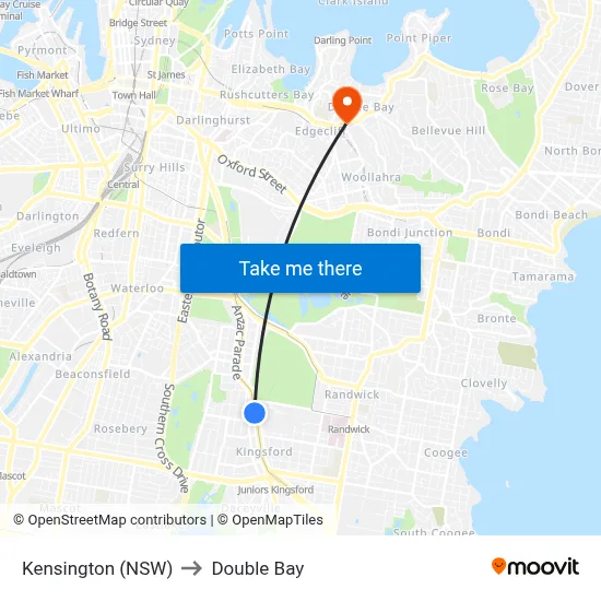 Kensington (NSW) to Double Bay map
