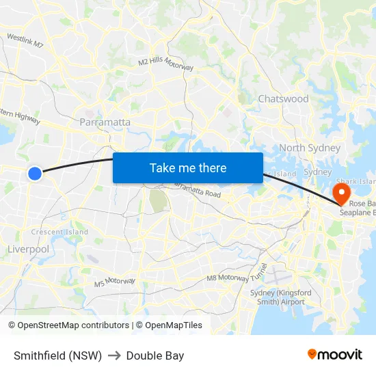 Smithfield (NSW) to Double Bay map