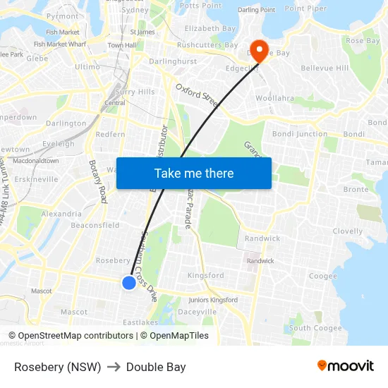 Rosebery (NSW) to Double Bay map