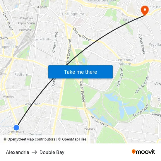 Alexandria to Double Bay map