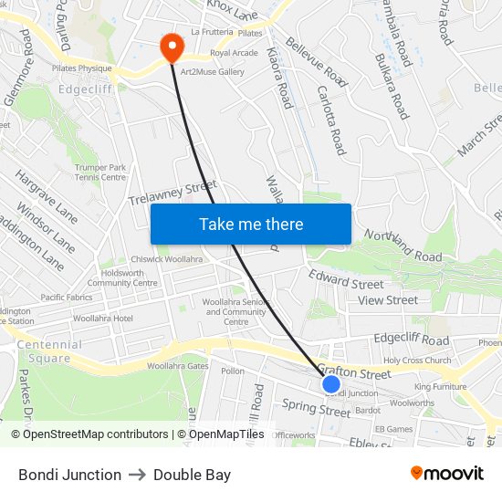 Bondi Junction to Double Bay map