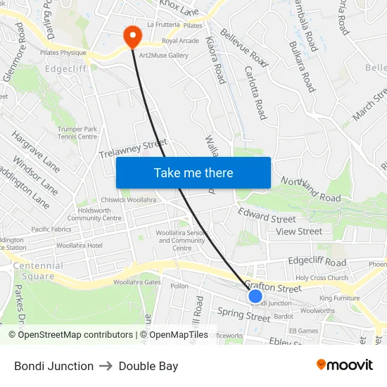 Bondi Junction to Double Bay map