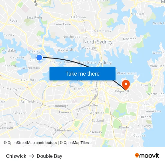 Chiswick to Double Bay map