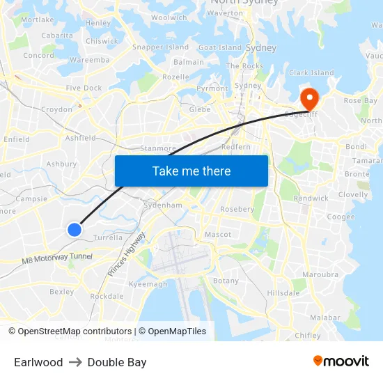 Earlwood to Double Bay map