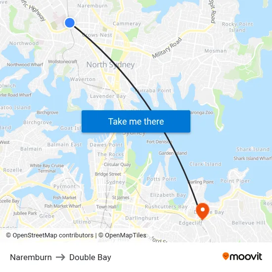 Naremburn to Double Bay map