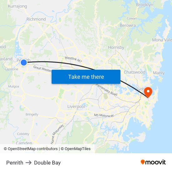 Penrith to Double Bay map