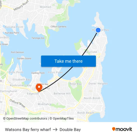 Watsons Bay ferry wharf to Double Bay map