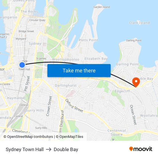 Sydney Town Hall to Double Bay map