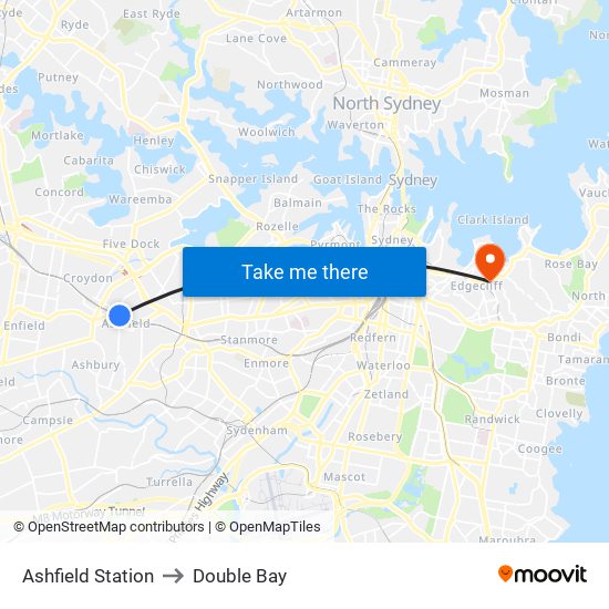 Ashfield Station to Double Bay map