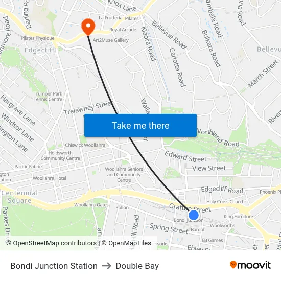 Bondi Junction Station to Double Bay map