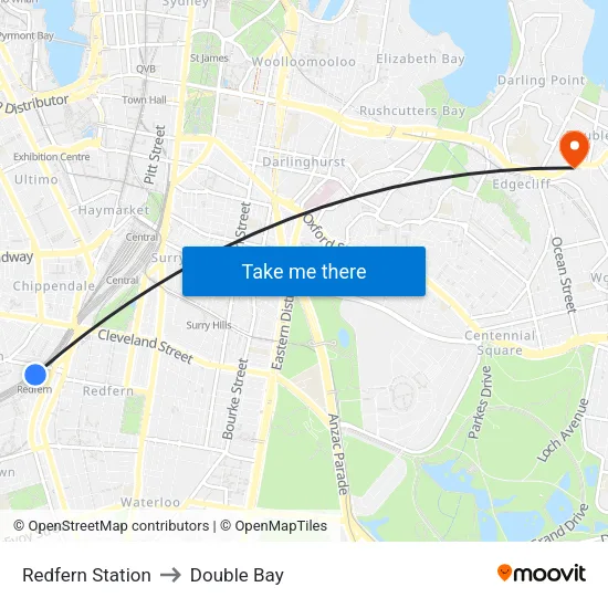 Redfern Station to Double Bay map