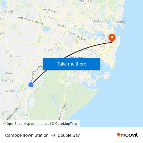 Campbelltown Station to Double Bay map