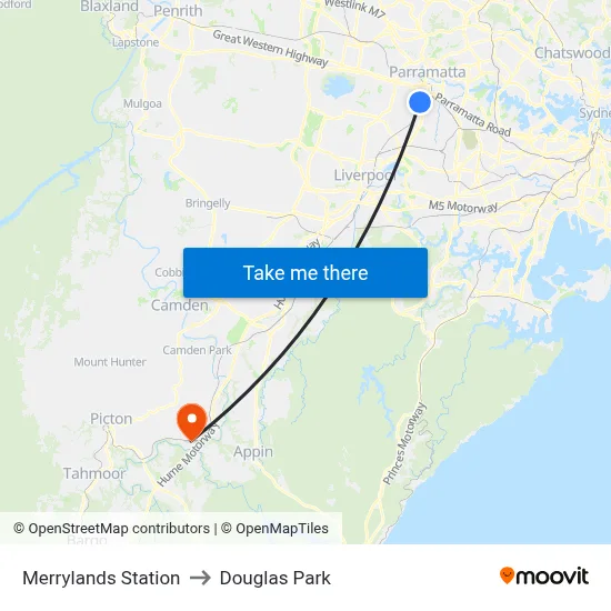 Merrylands Station to Douglas Park map