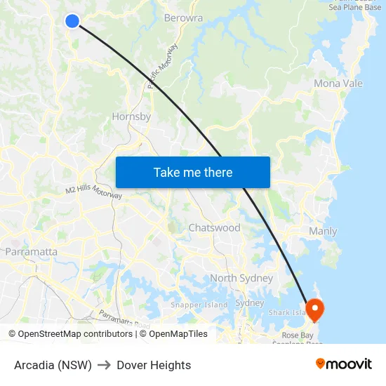 Arcadia (NSW) to Dover Heights map
