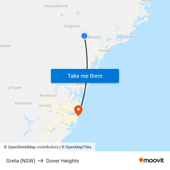 Greta (NSW) to Dover Heights map