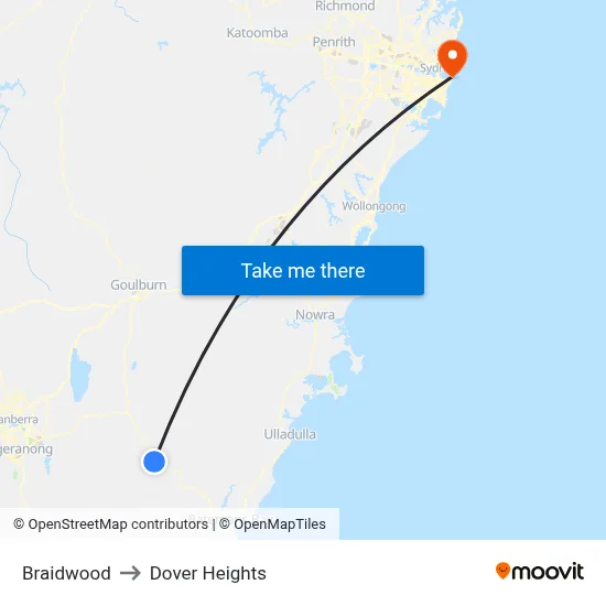 Braidwood to Dover Heights map