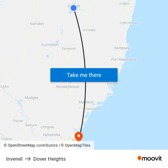 Inverell to Dover Heights map