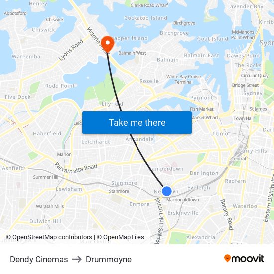 Dendy Cinemas to Drummoyne map