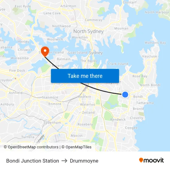 Bondi Junction Station to Drummoyne map