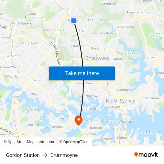 Gordon Station to Drummoyne map