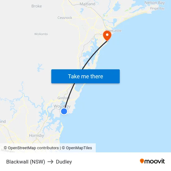 Blackwall (NSW) to Dudley map