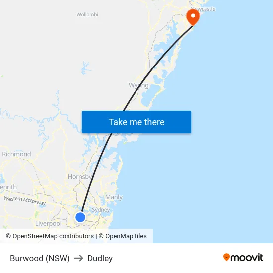 Burwood (NSW) to Dudley map