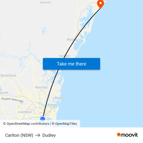 Carlton (NSW) to Dudley map