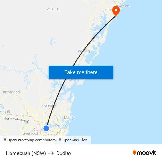 Homebush (NSW) to Dudley map