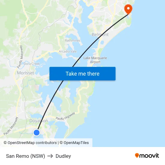 San Remo (NSW) to Dudley map
