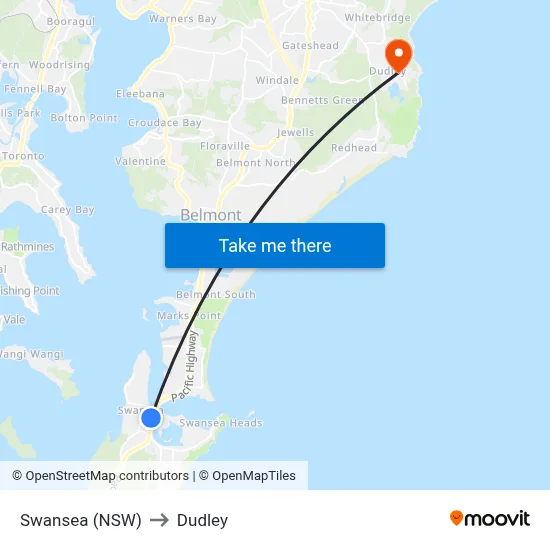Swansea (NSW) to Dudley map