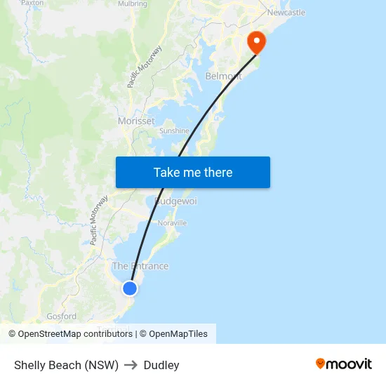 Shelly Beach (NSW) to Dudley map