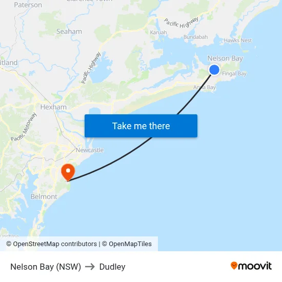 Nelson Bay (NSW) to Dudley map