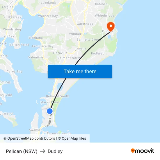 Pelican (NSW) to Dudley map
