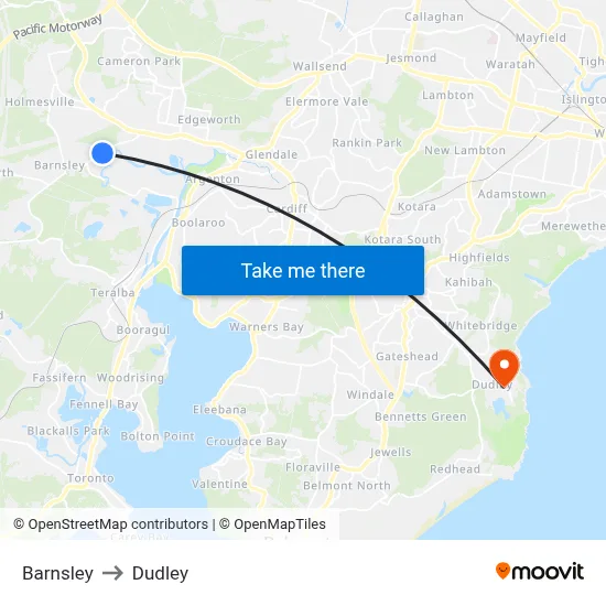 Barnsley to Dudley map