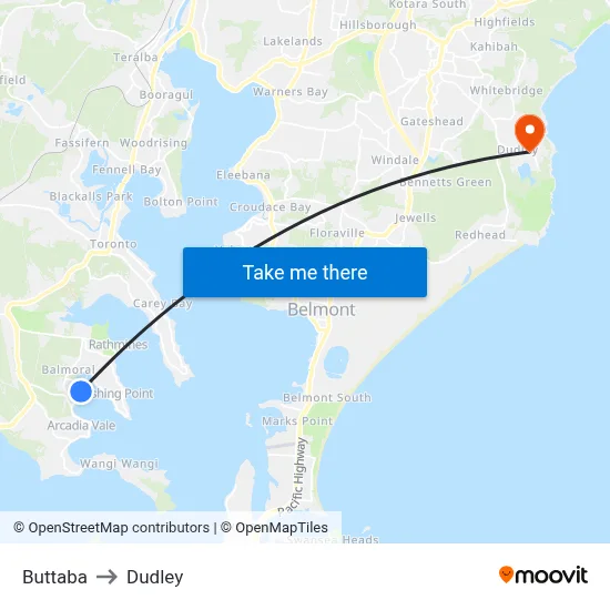 Buttaba to Dudley map