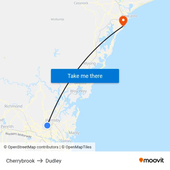 Cherrybrook to Dudley map