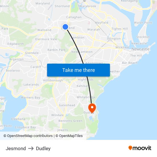 Jesmond to Dudley map