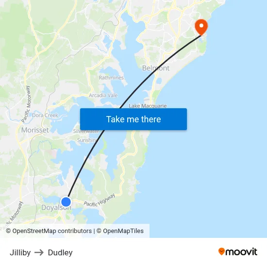 Jilliby to Dudley map