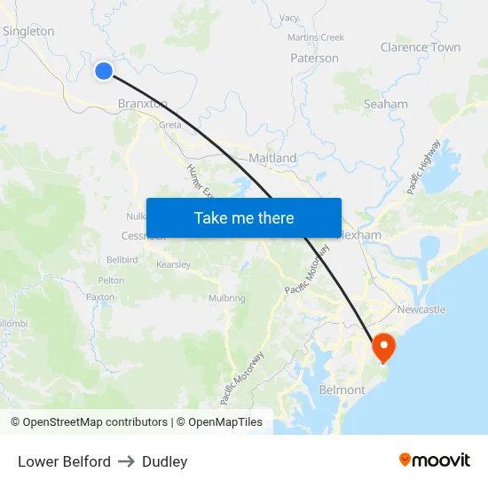 Lower Belford to Dudley map