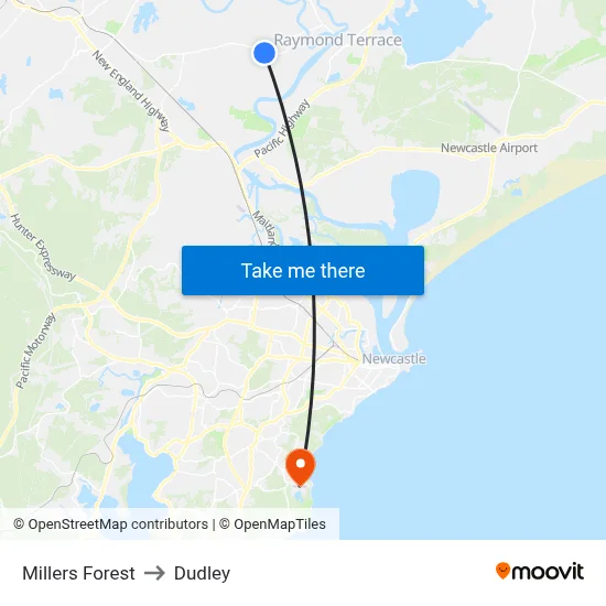 Millers Forest to Dudley map