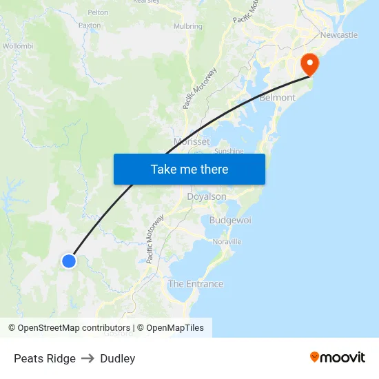 Peats Ridge to Dudley map