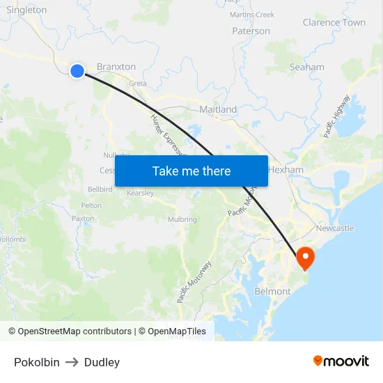 Pokolbin to Dudley map