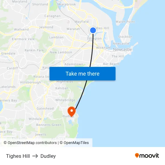 Tighes Hill to Dudley map