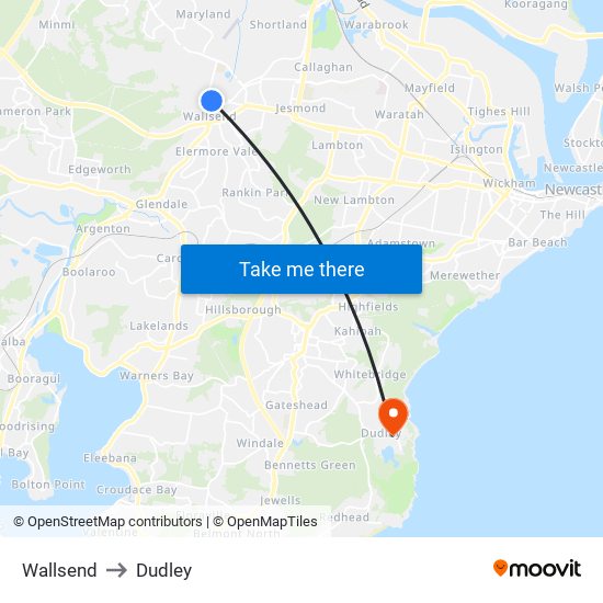 Wallsend to Dudley map