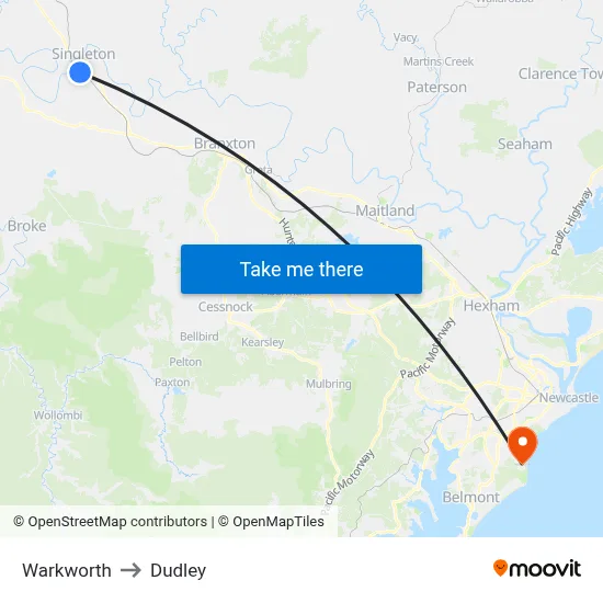 Warkworth to Dudley map