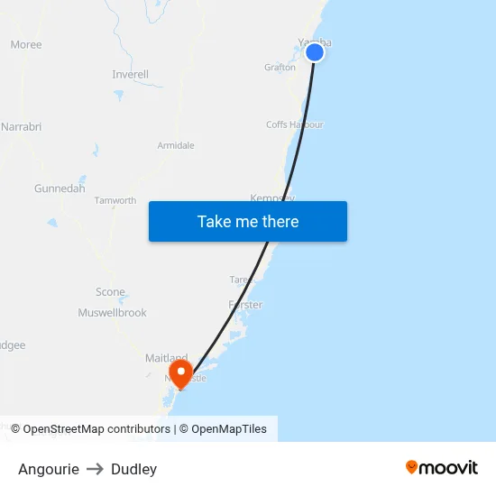 Angourie to Dudley map